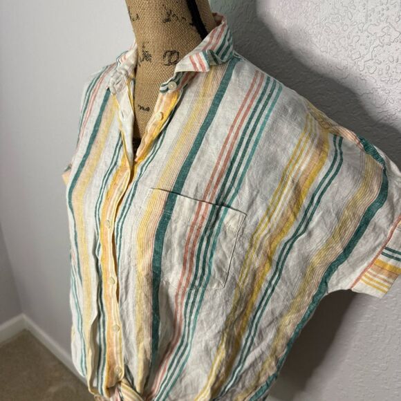 Madewell Linen Short-Sleeve Tie-Front Shirt Size S Pineapple Stripe Button Down - Picture 3 of 11